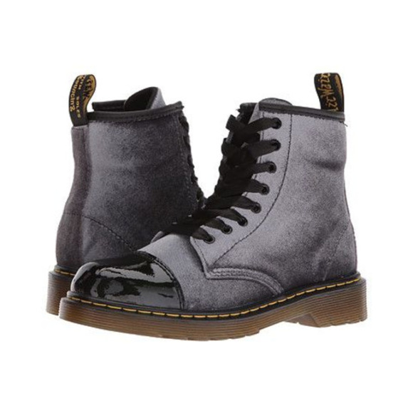 Dr. Martens Shoes - Doc Dr Martens grey blue velvet patent 8 eye boots